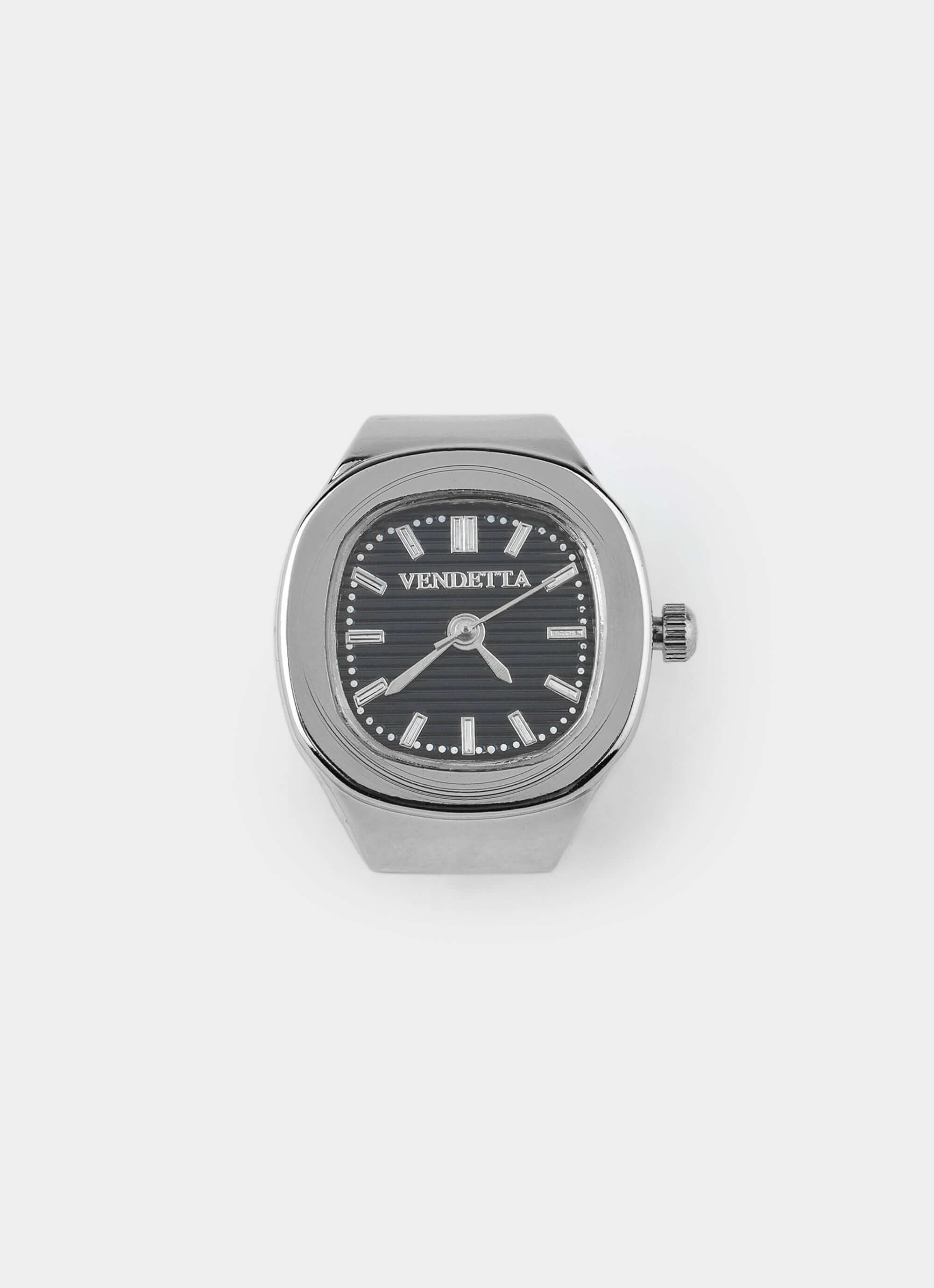 metal watch ring – black face and silver band – Vendetta Jewellery