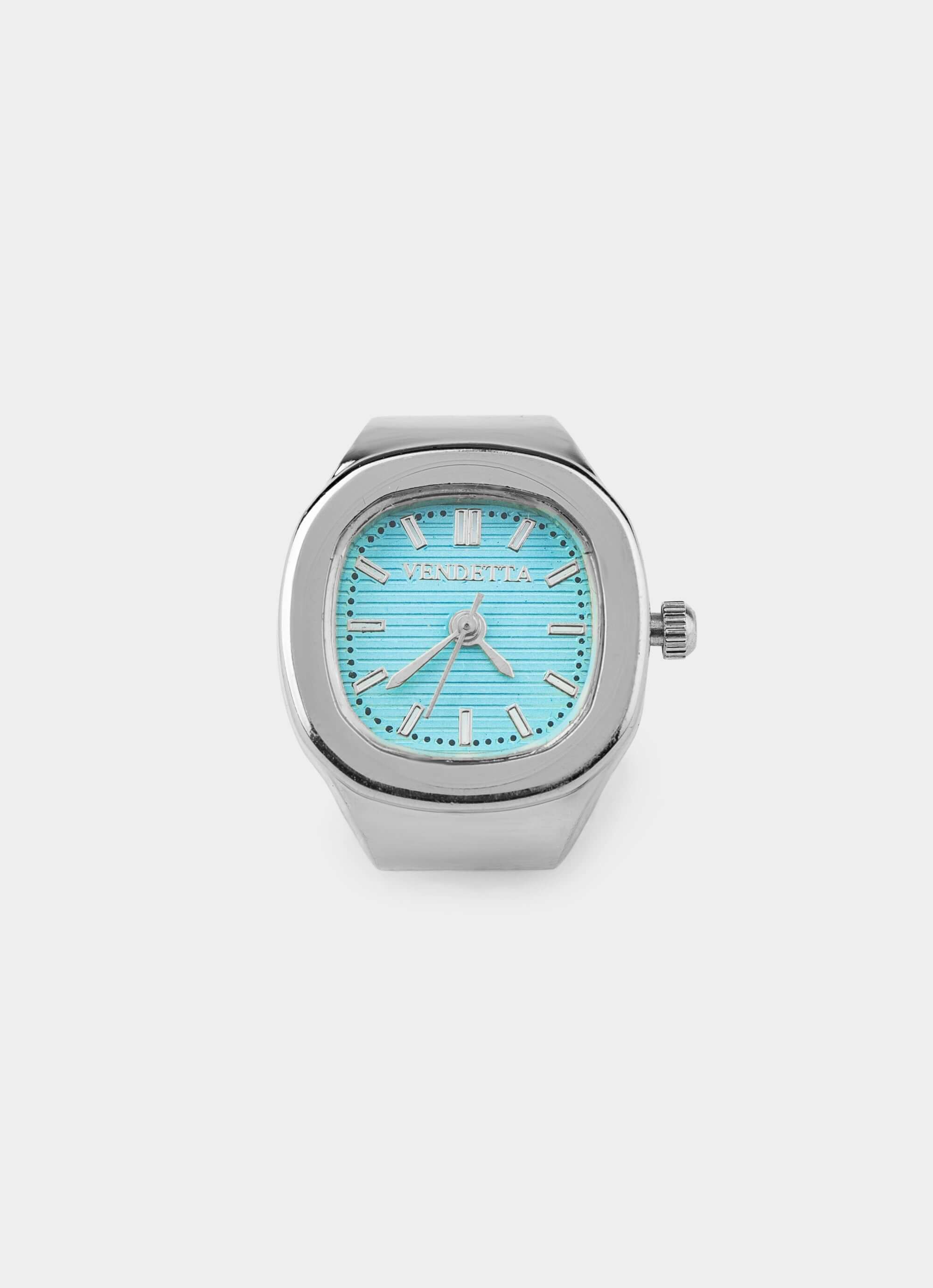 silver watch ring – blue watch face – Vendetta Jewellery