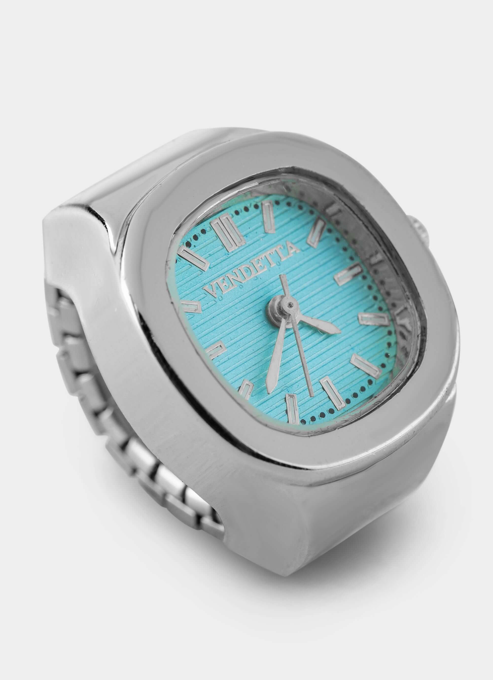 silver watch ring – blue dial with hour markers – Vendetta Jewellery