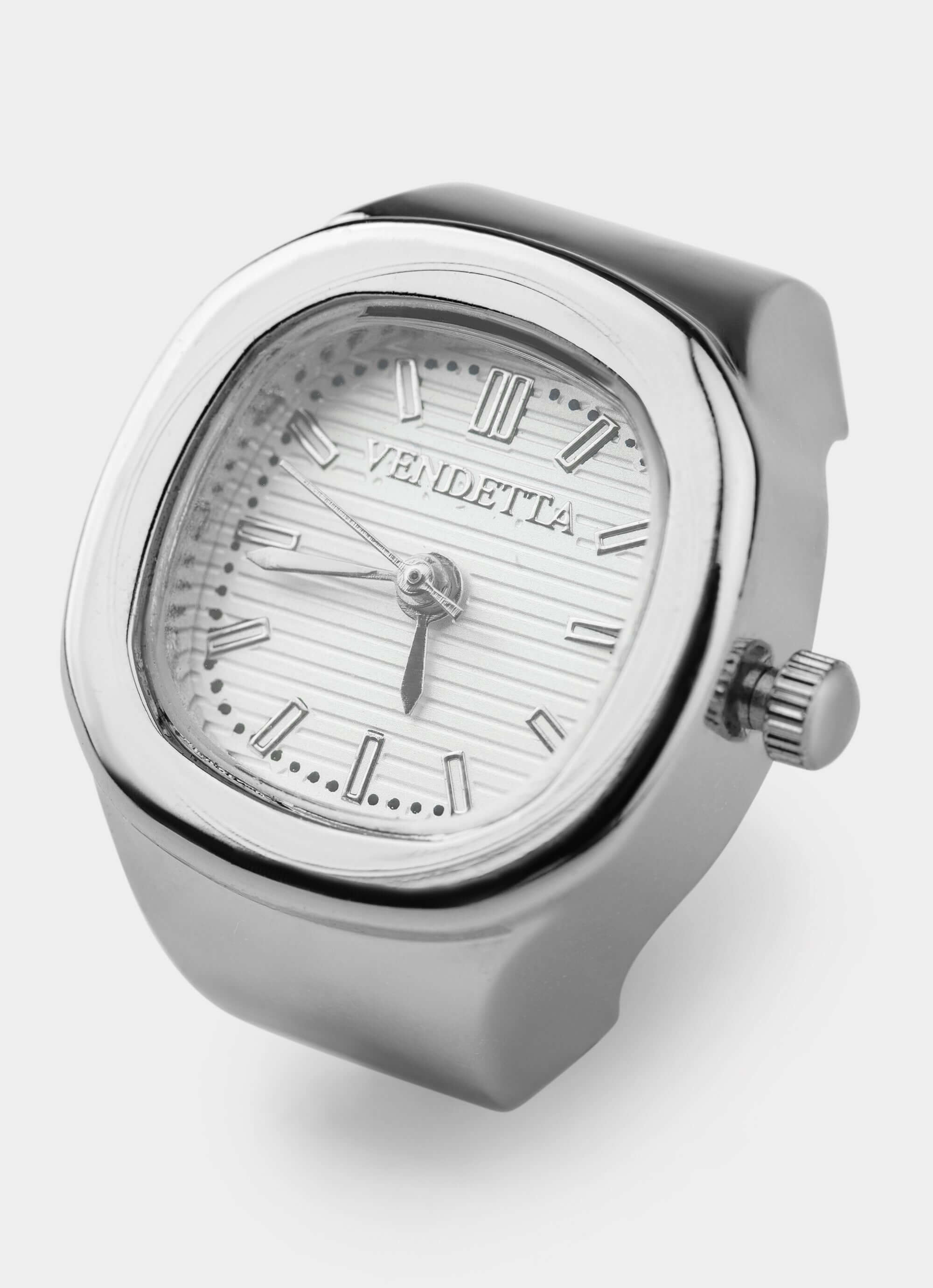 metal watch ring – square face with silver band – Vendetta Jewellery