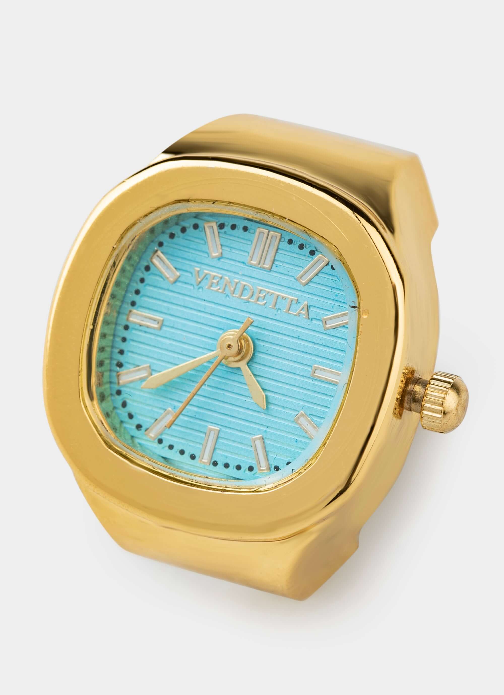 gold watch ring – blue face and adjustable band – Vendetta Jewellery