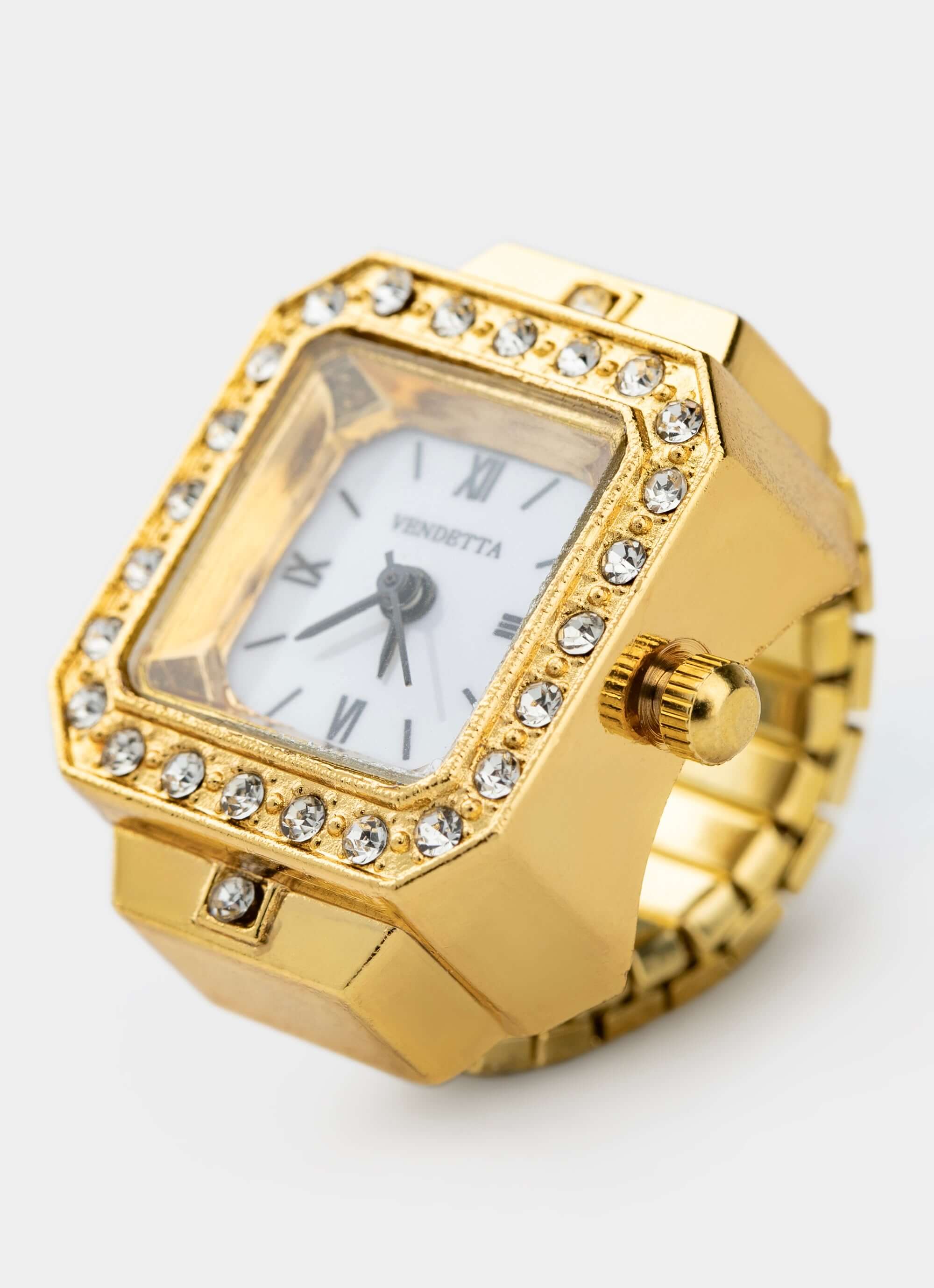 gold watch ring – square face with crystals – Vendetta Jewellery