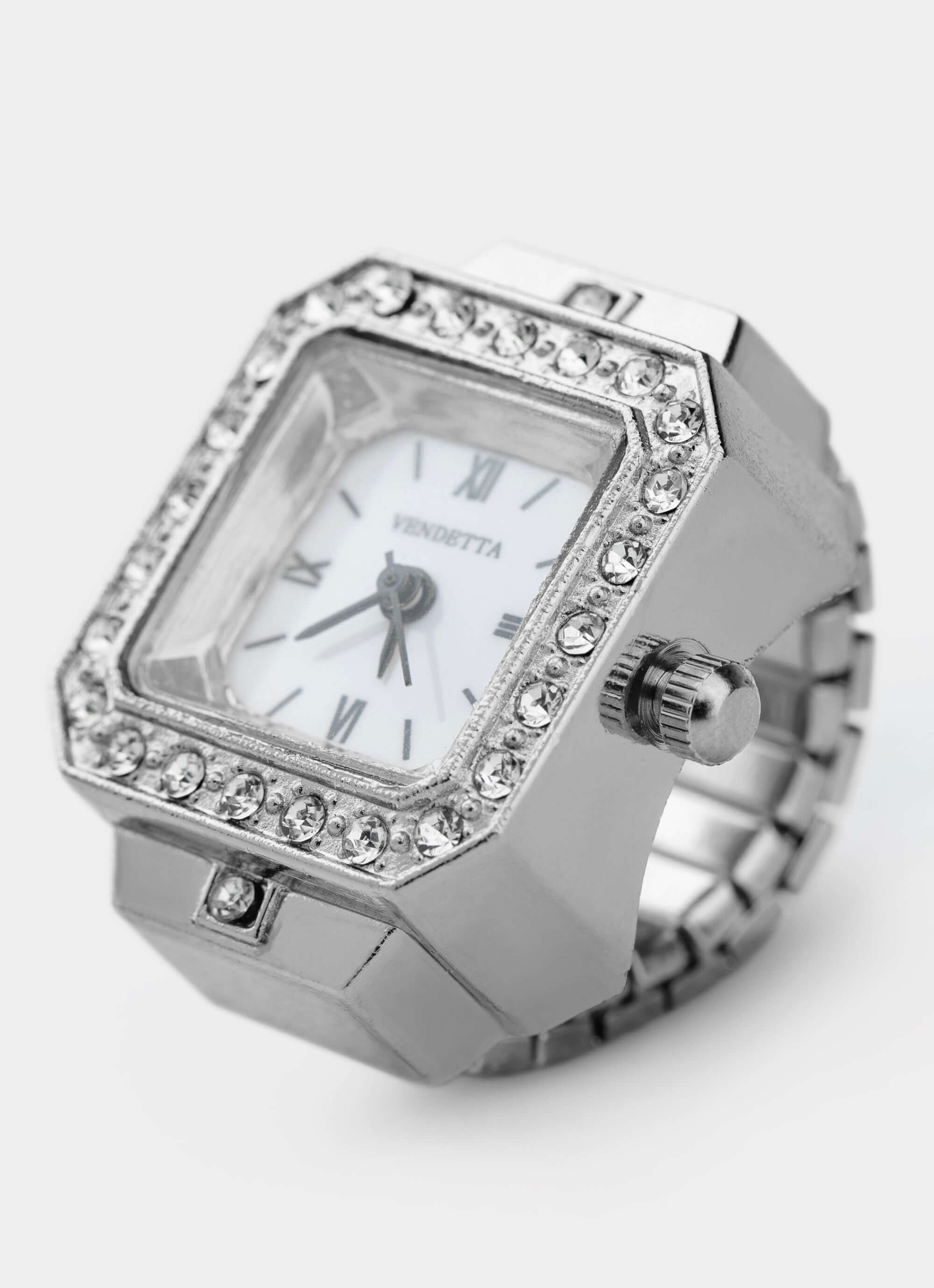 silver watch ring – square design with rhinestones – Vendetta Jewellery