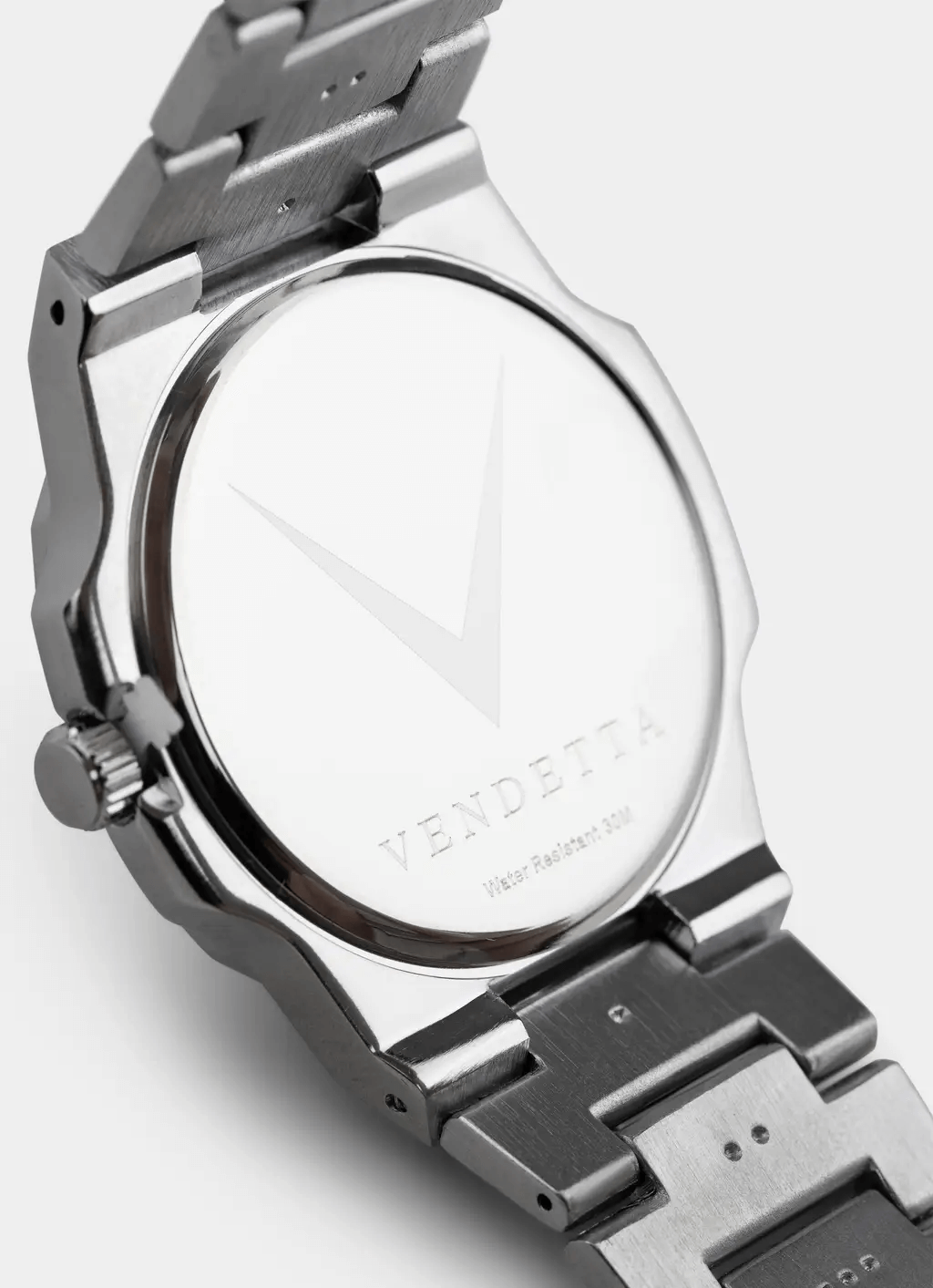 stainless steel watch – back view – Vendetta Jewellery