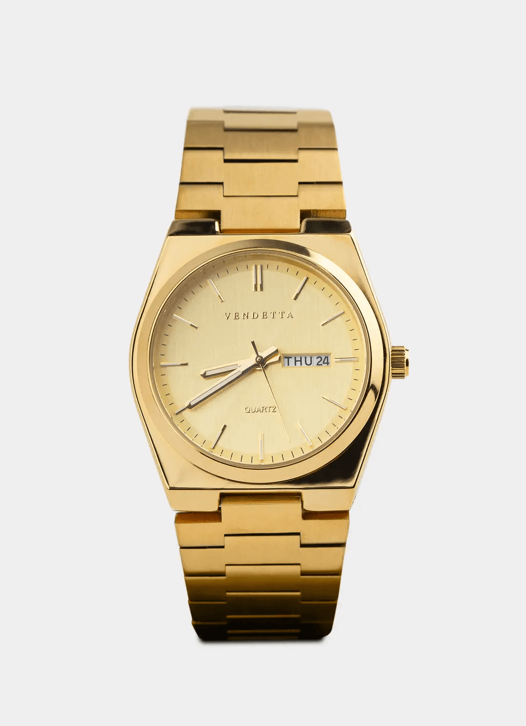 gold watch – quartz movement with date display – Vendetta Jewellery