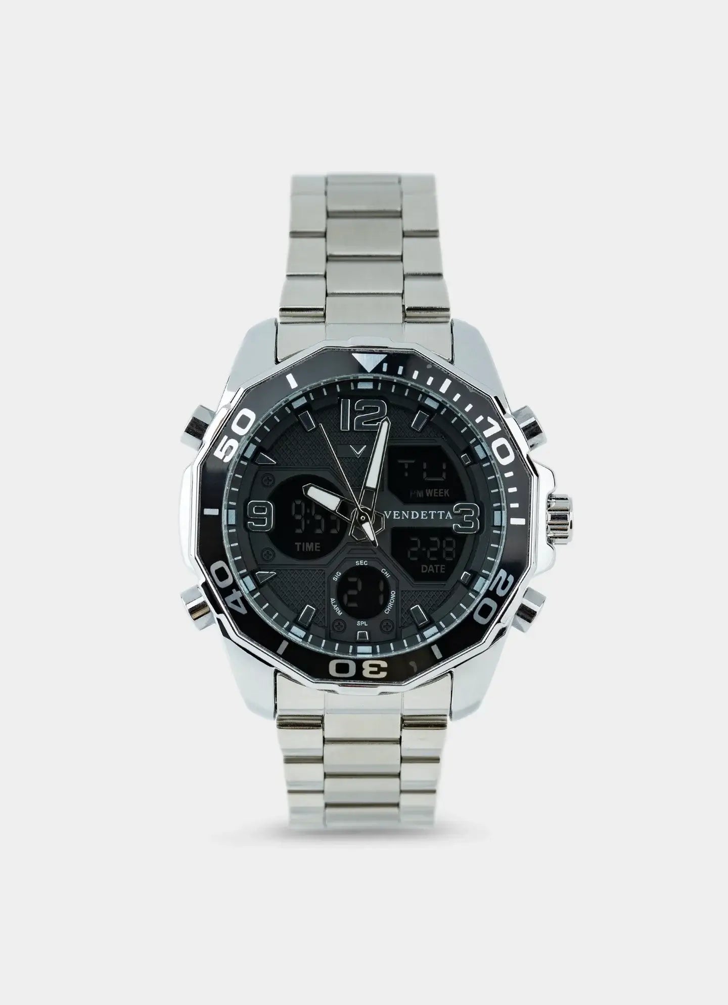 stainless steel watch – silver/black design – Vendetta Jewellery