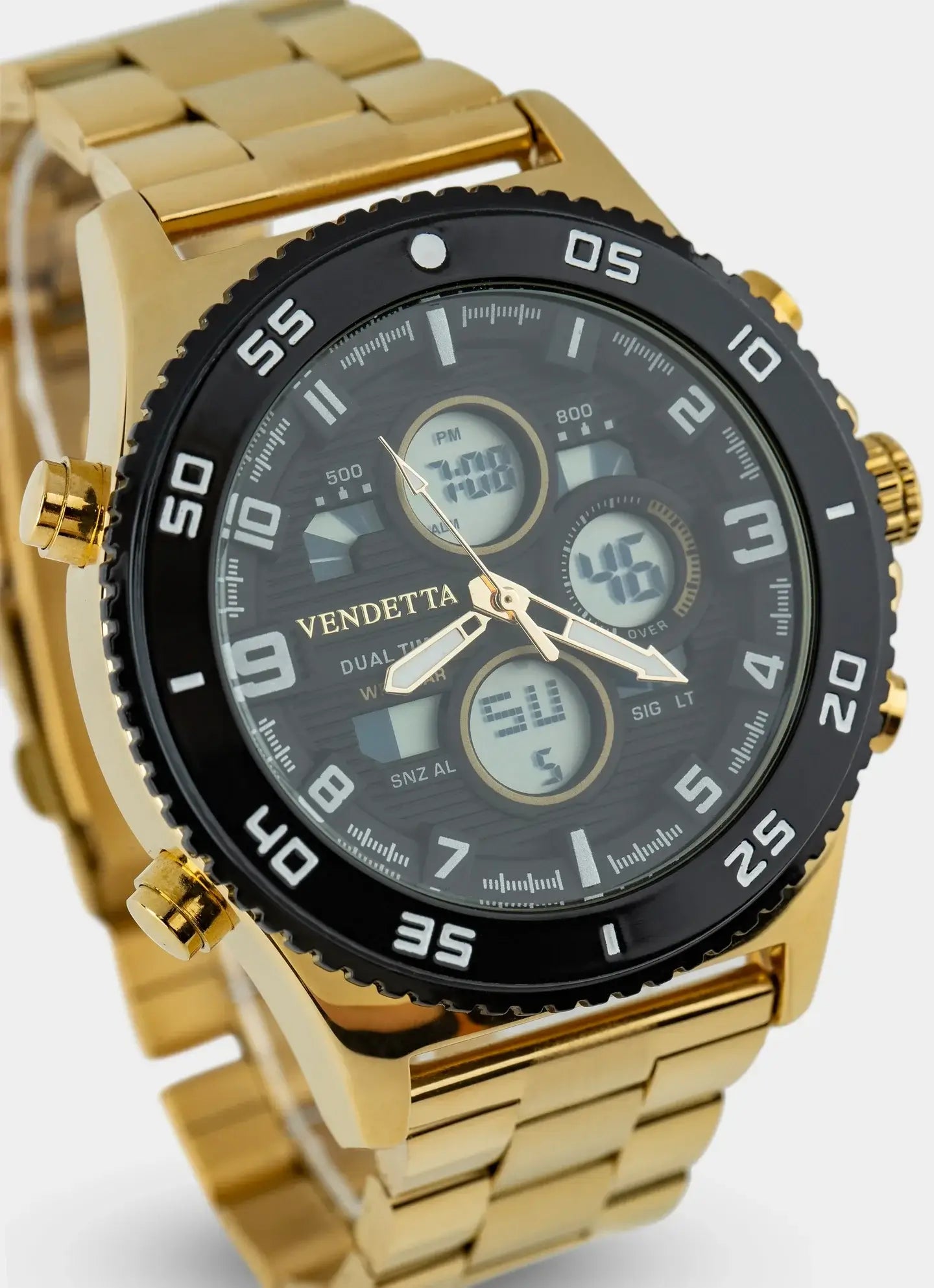 Gold watch – black dial with digital display – Vendetta Jewellery
