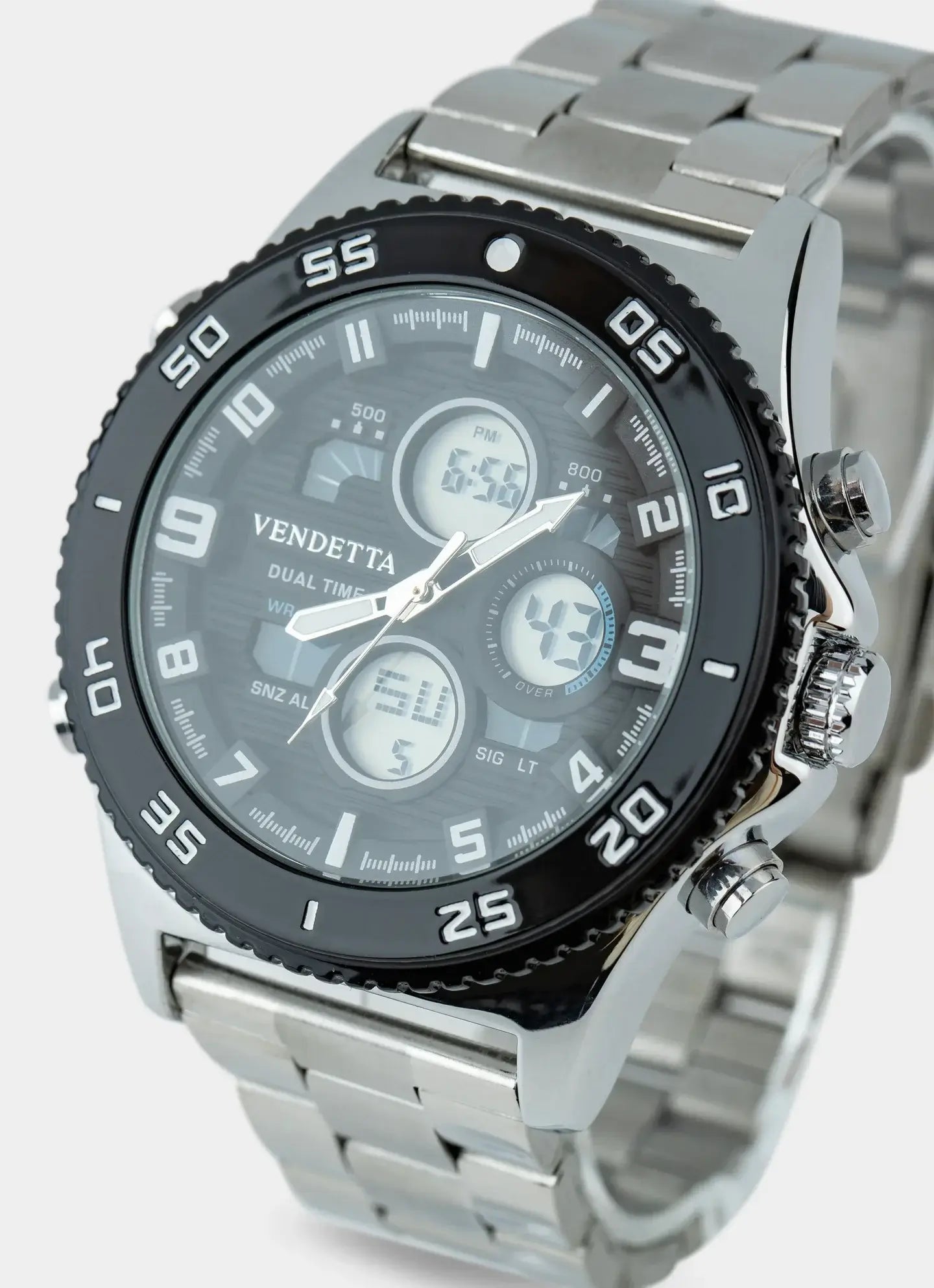 stainless steel watch – silver dial with black accents – Vendetta Jewellery