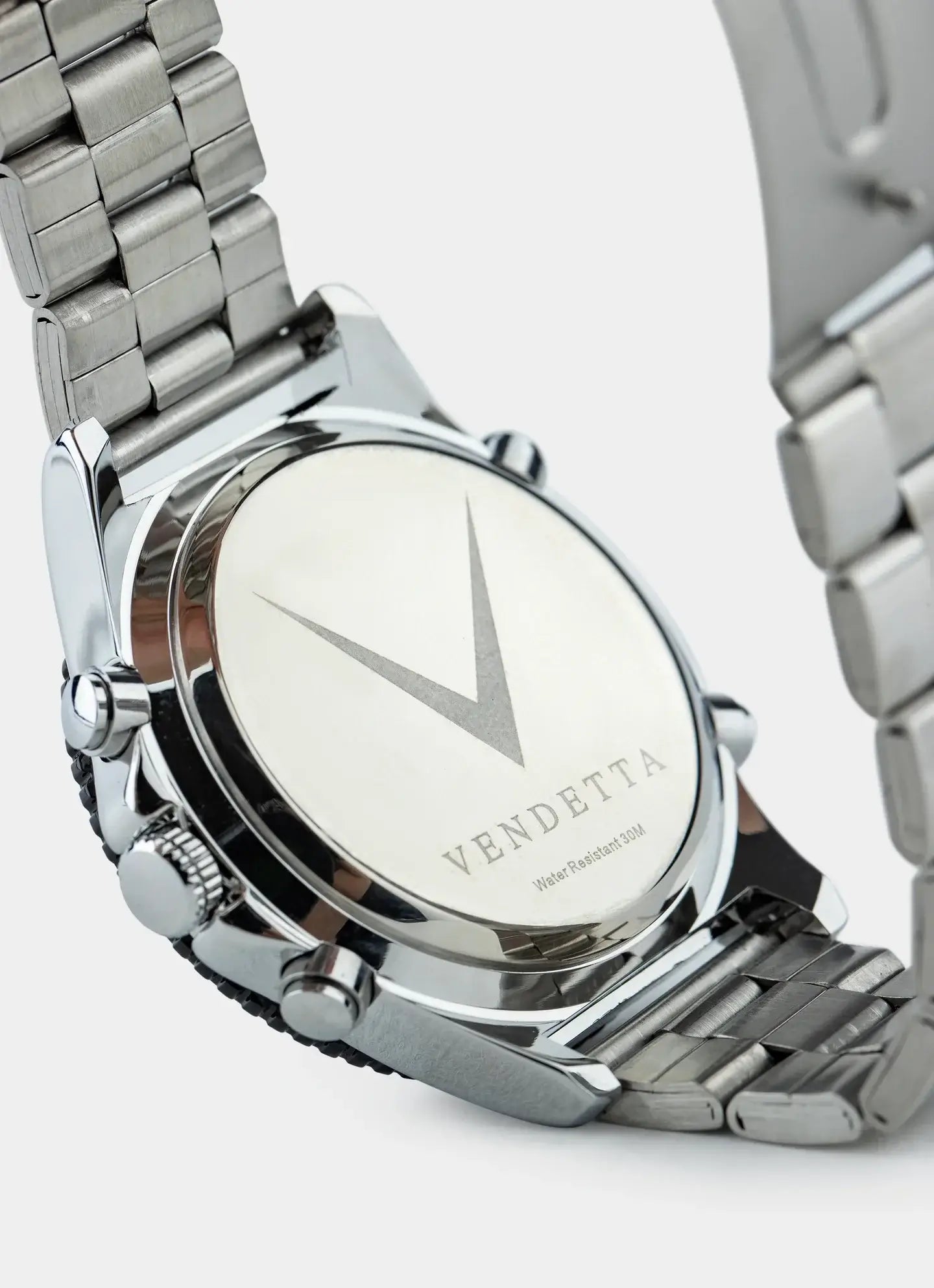 stainless steel watch – back view – Vendetta Jewellery