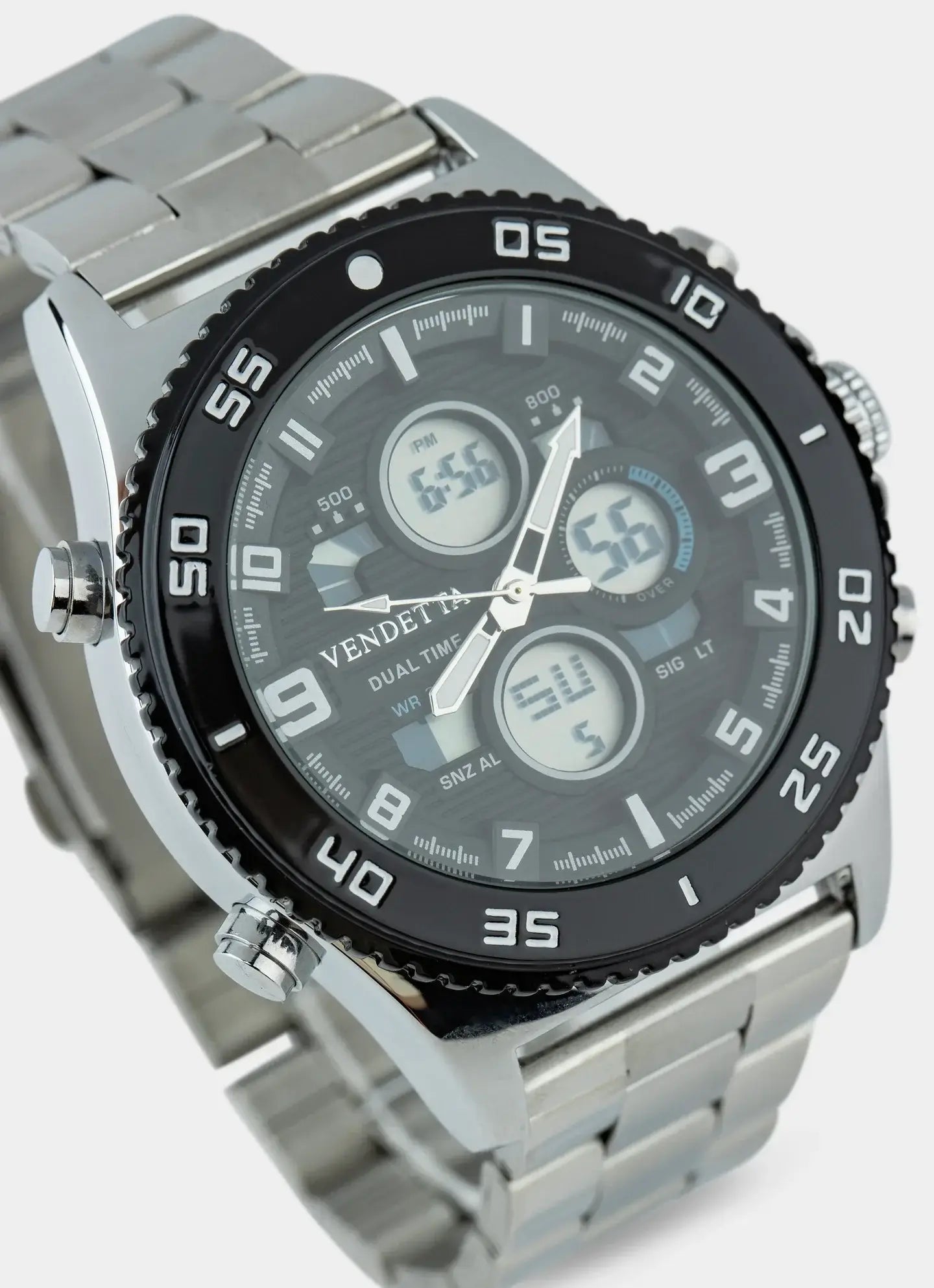 metal watch – digital dual time display – Vendetta Jewellery