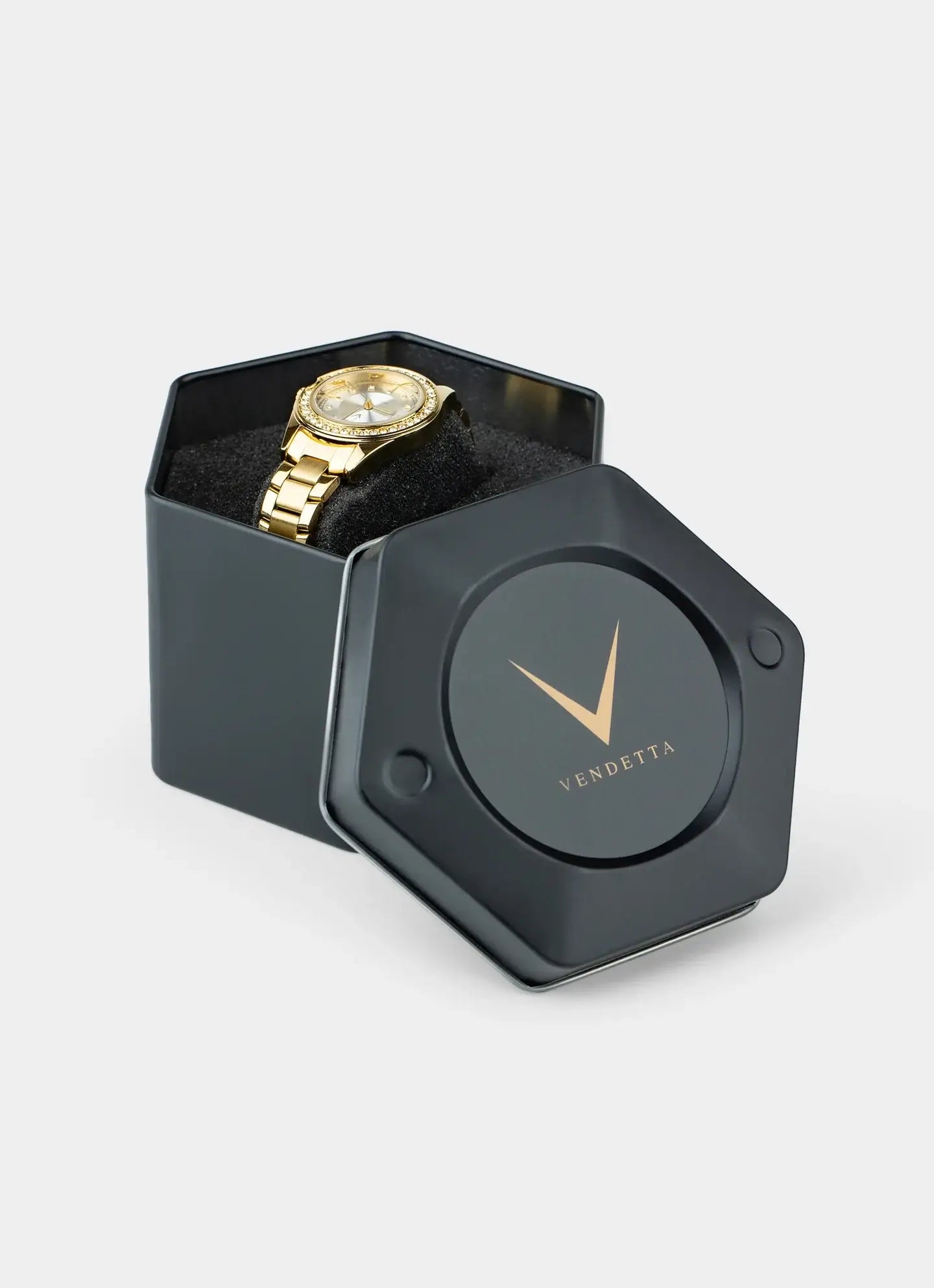 watch packaging – gold Celeste Watch – Vendetta Jewellery