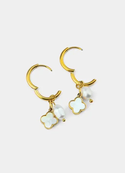 18K gold plated earrings – Four Leaf Hoop and Pearl Earrings - 18K Gold Plated – Vendetta Jewellery