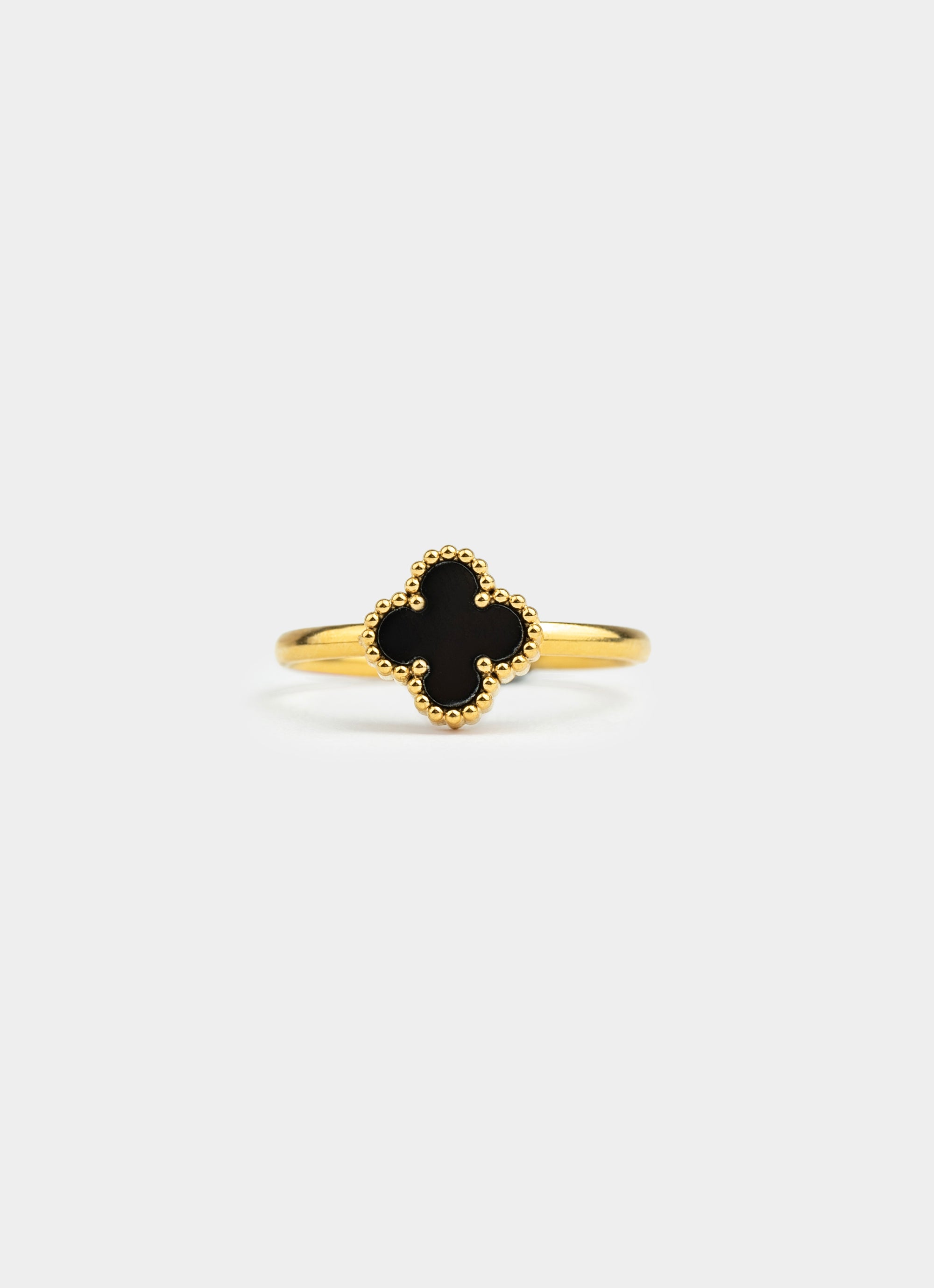 Four Leaf Clover Black Adjustable Ring - 18K Gold Plated