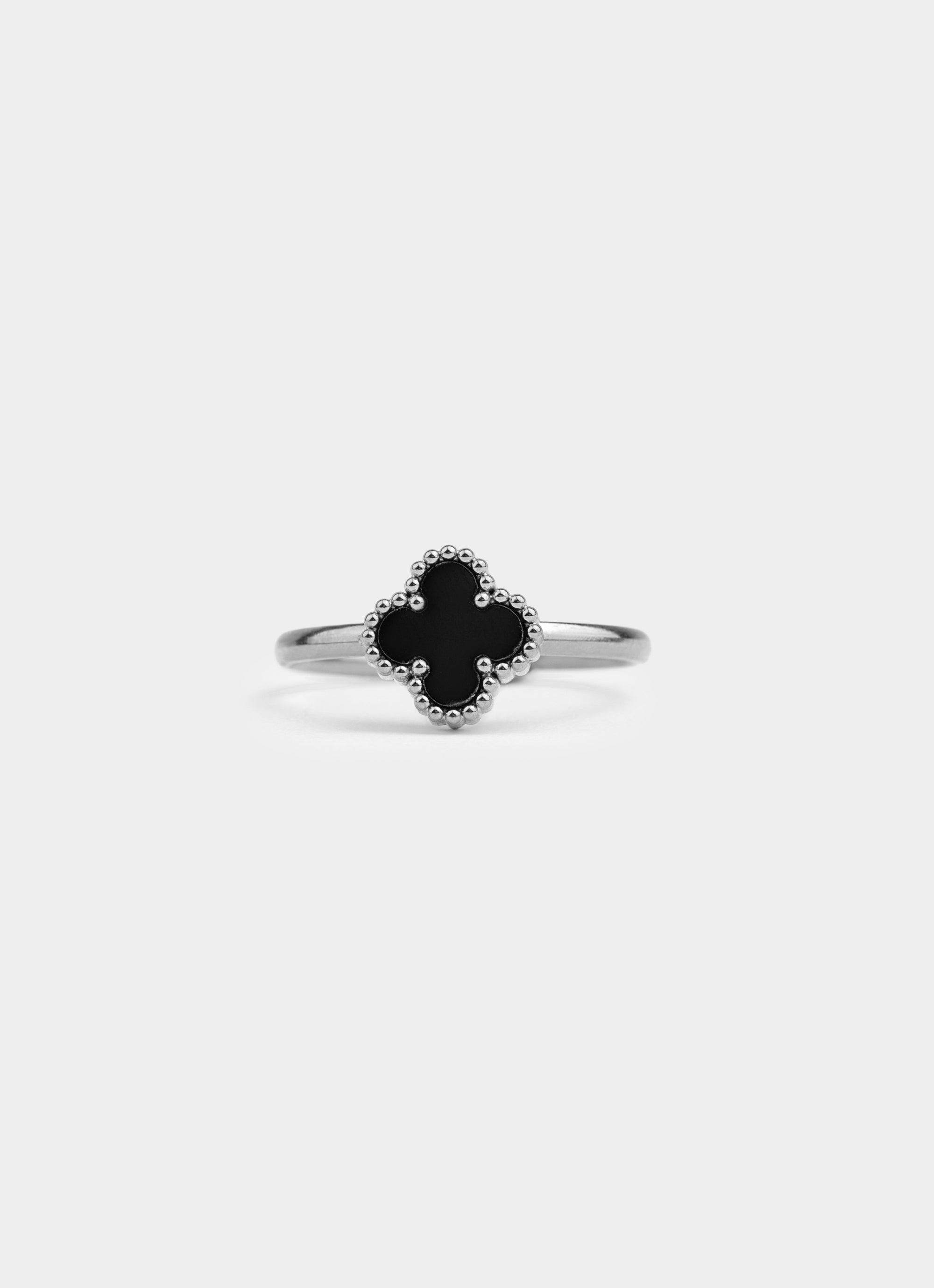 Black 4 Leaf Clover Adjustable Ring -  Stainless Steel