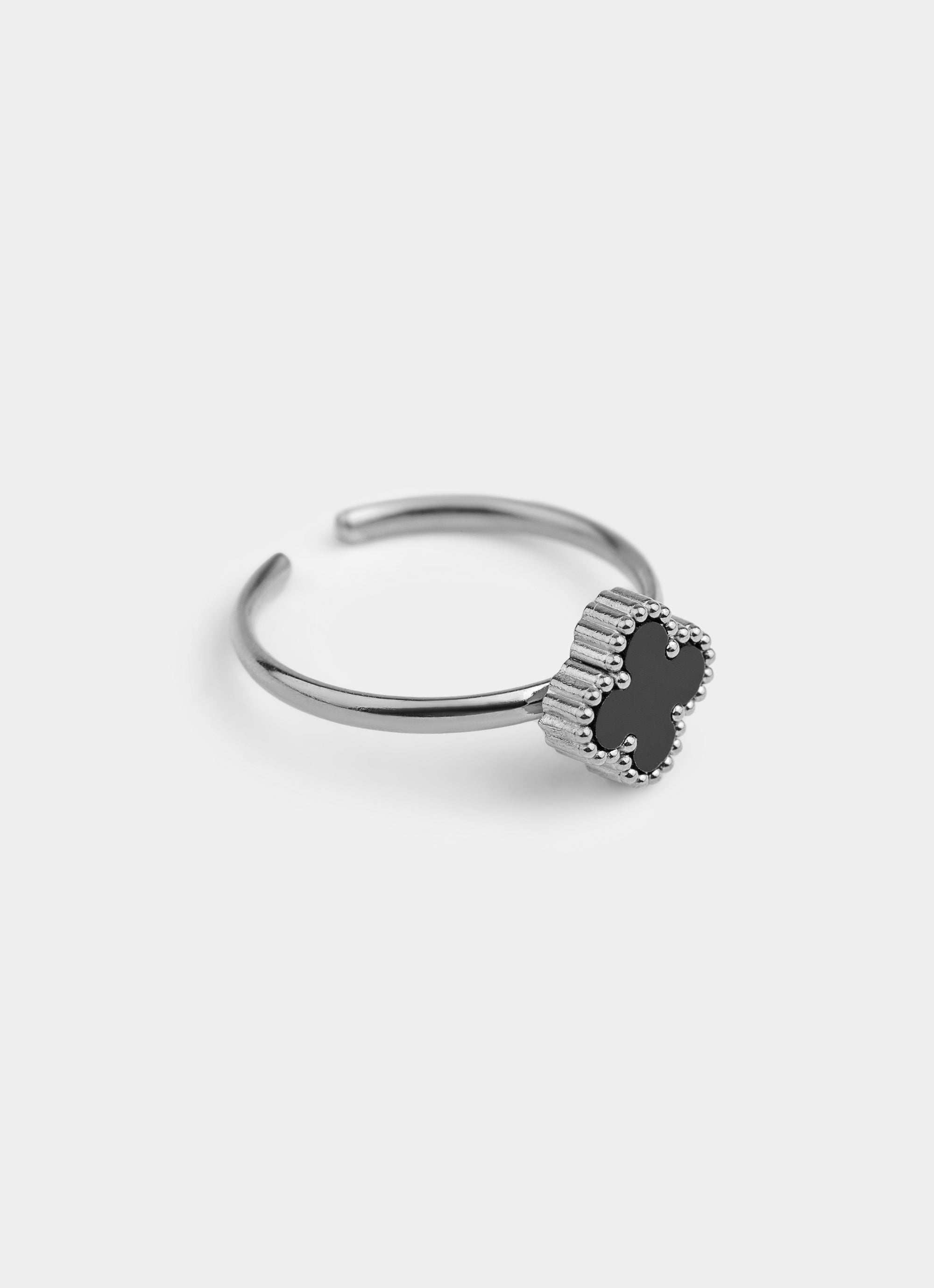 Black 4 Leaf Clover Adjustable Ring -  Stainless Steel