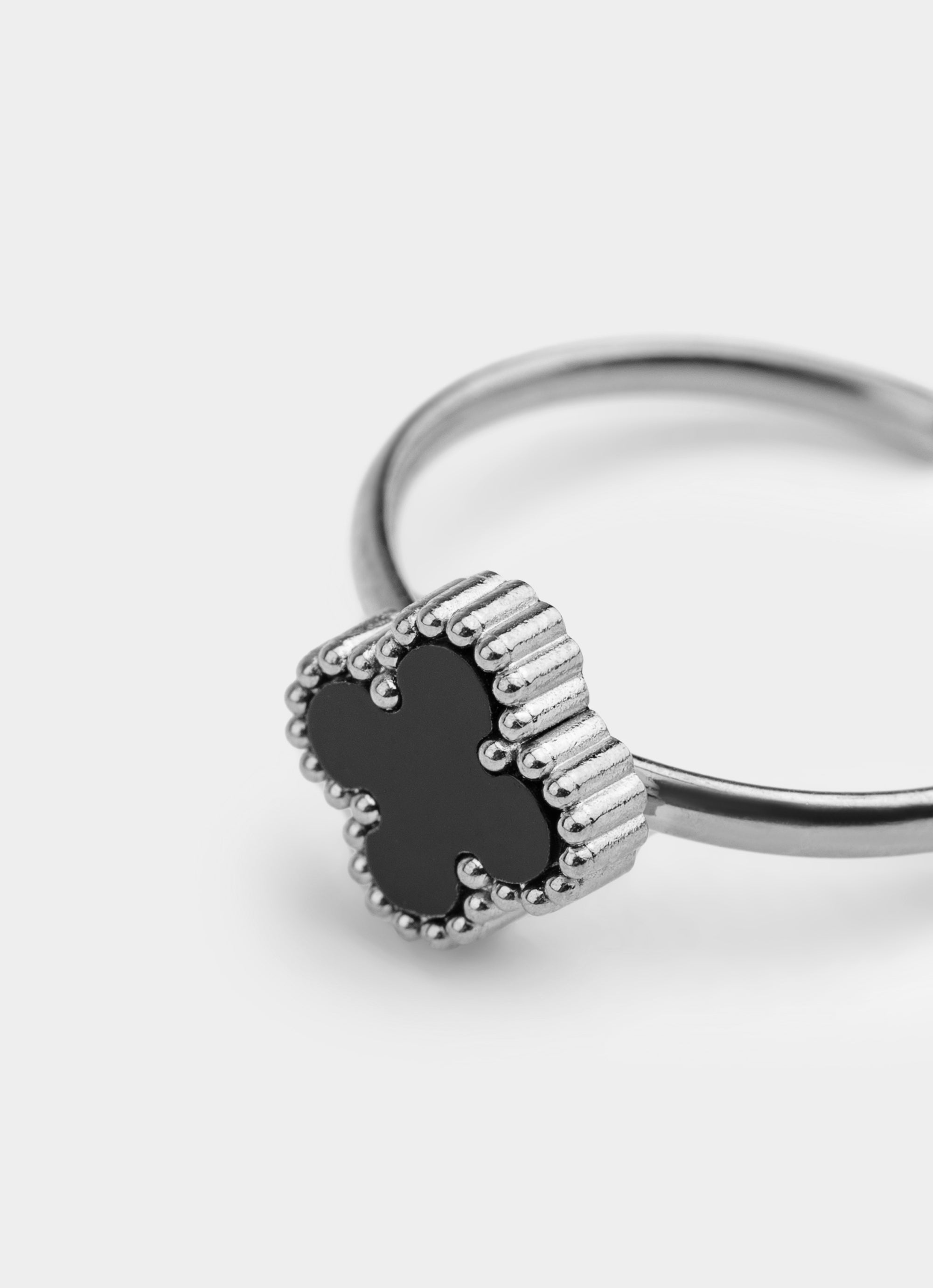 Black 4 Leaf Clover Adjustable Ring -  Stainless Steel