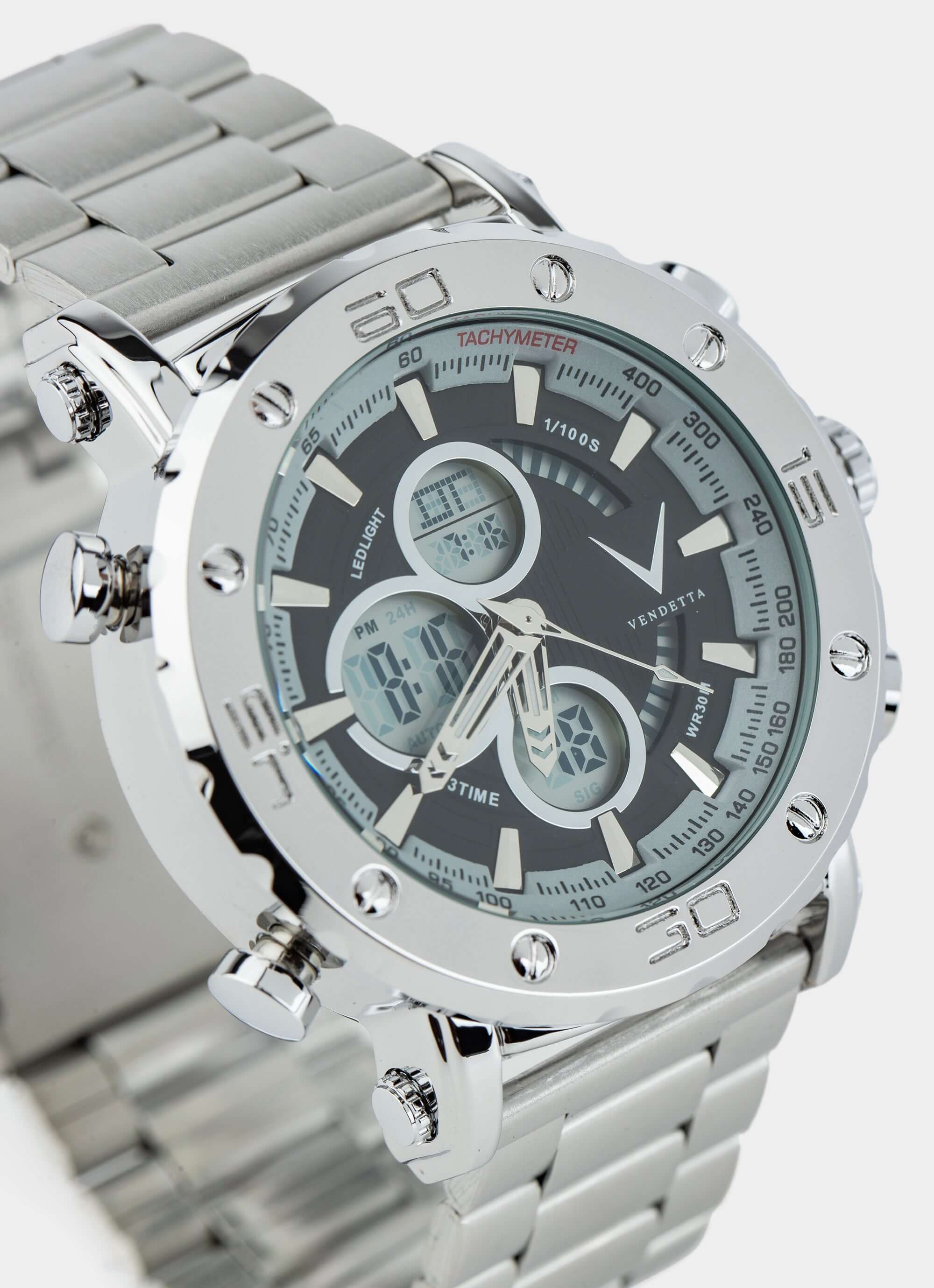 stainless steel watch – black and silver design – Vendetta Jewellery