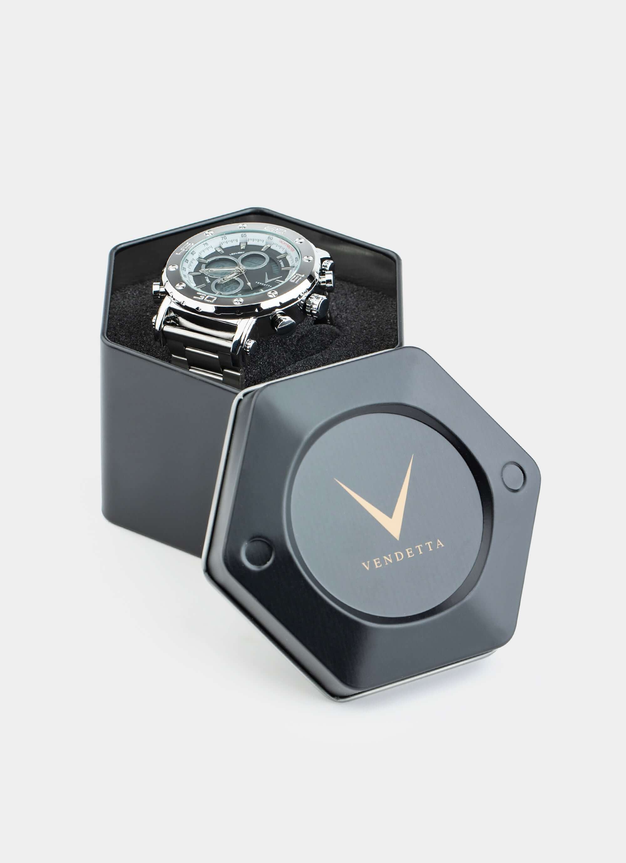 metal watch box – Dominator Watch - Silver/Black – Vendetta Jewellery