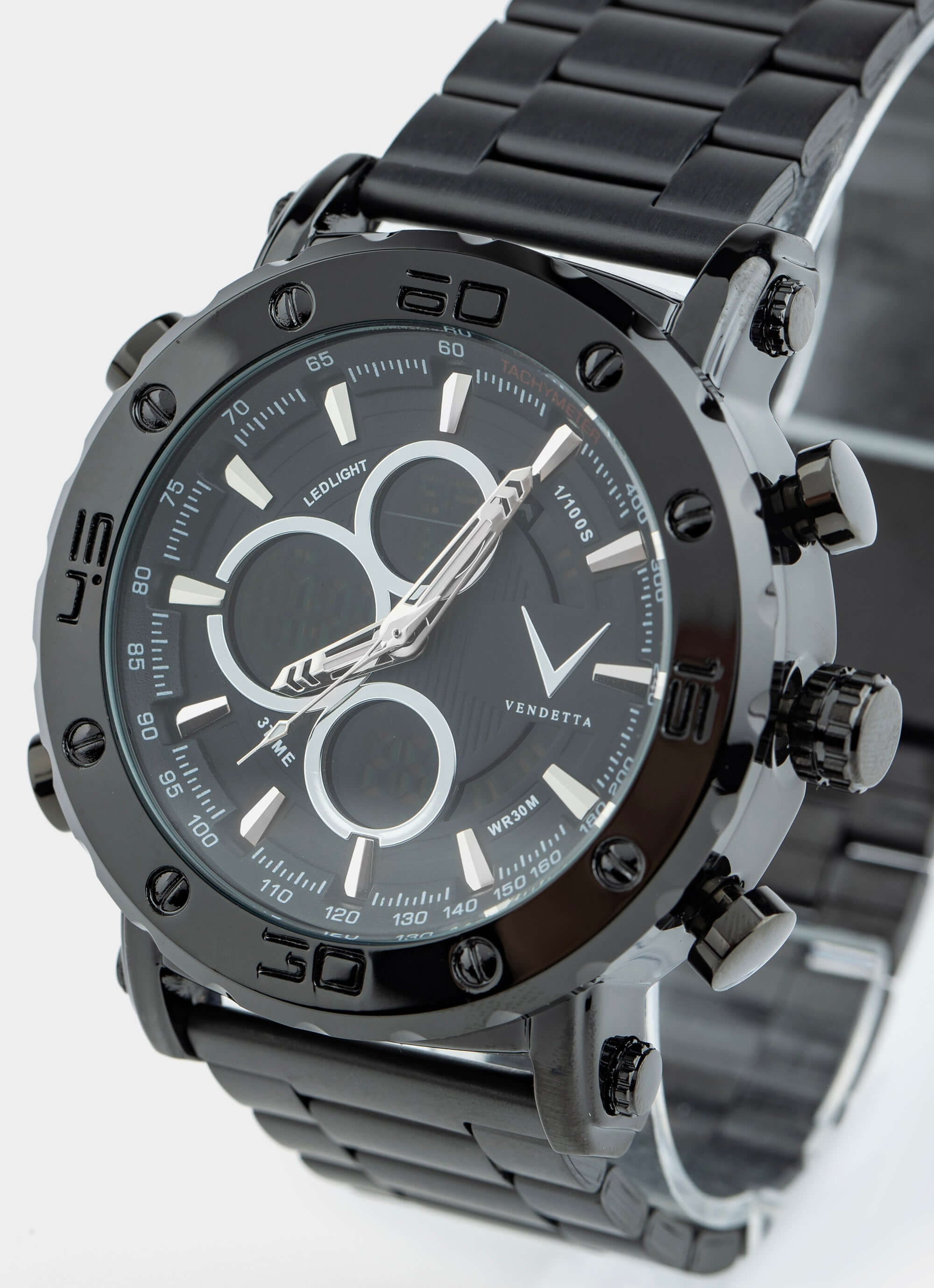 stainless steel watch – black chronograph face – Vendetta Jewellery