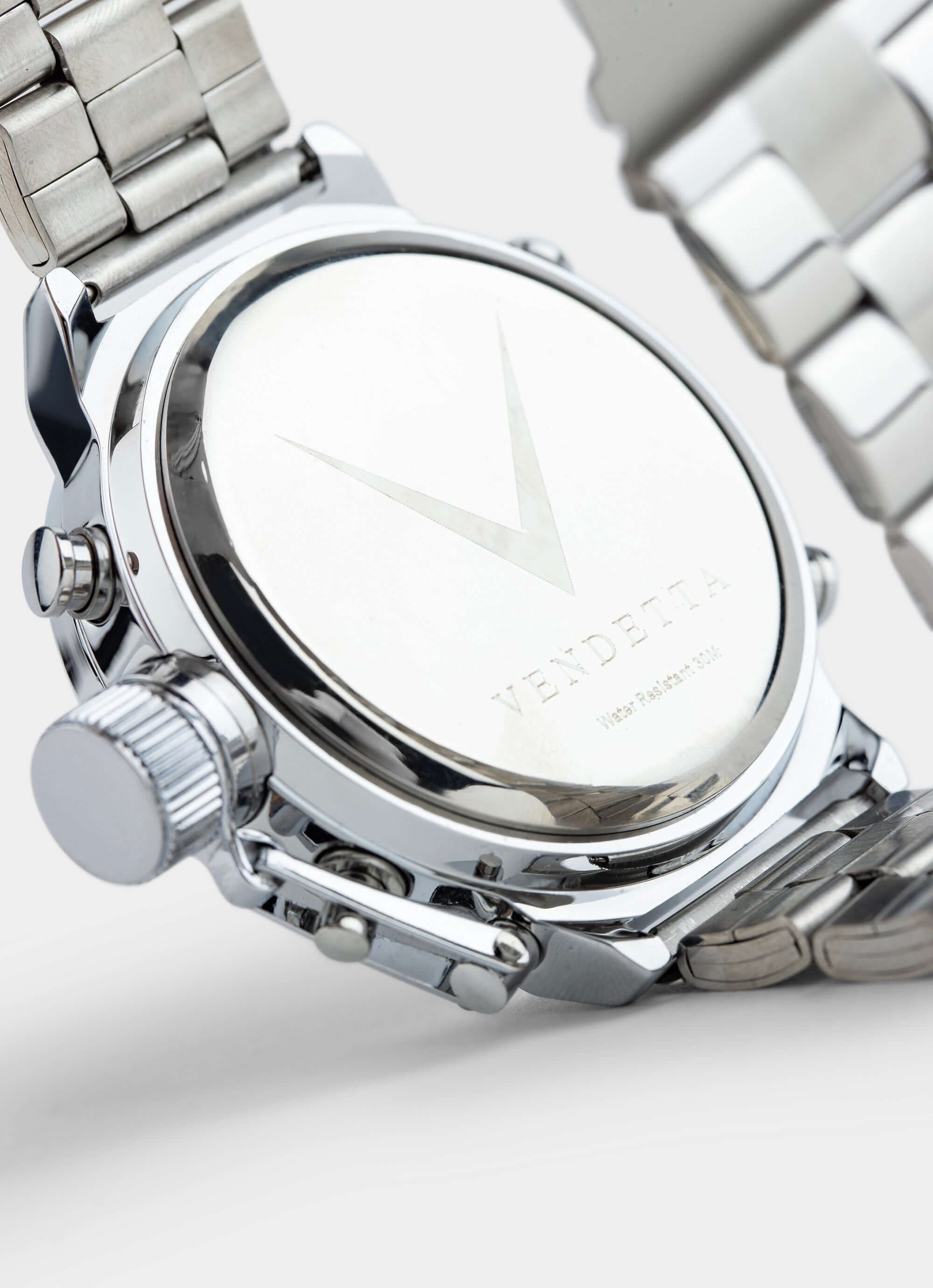 Stainless steel watch – back view – Vendetta Jewellery