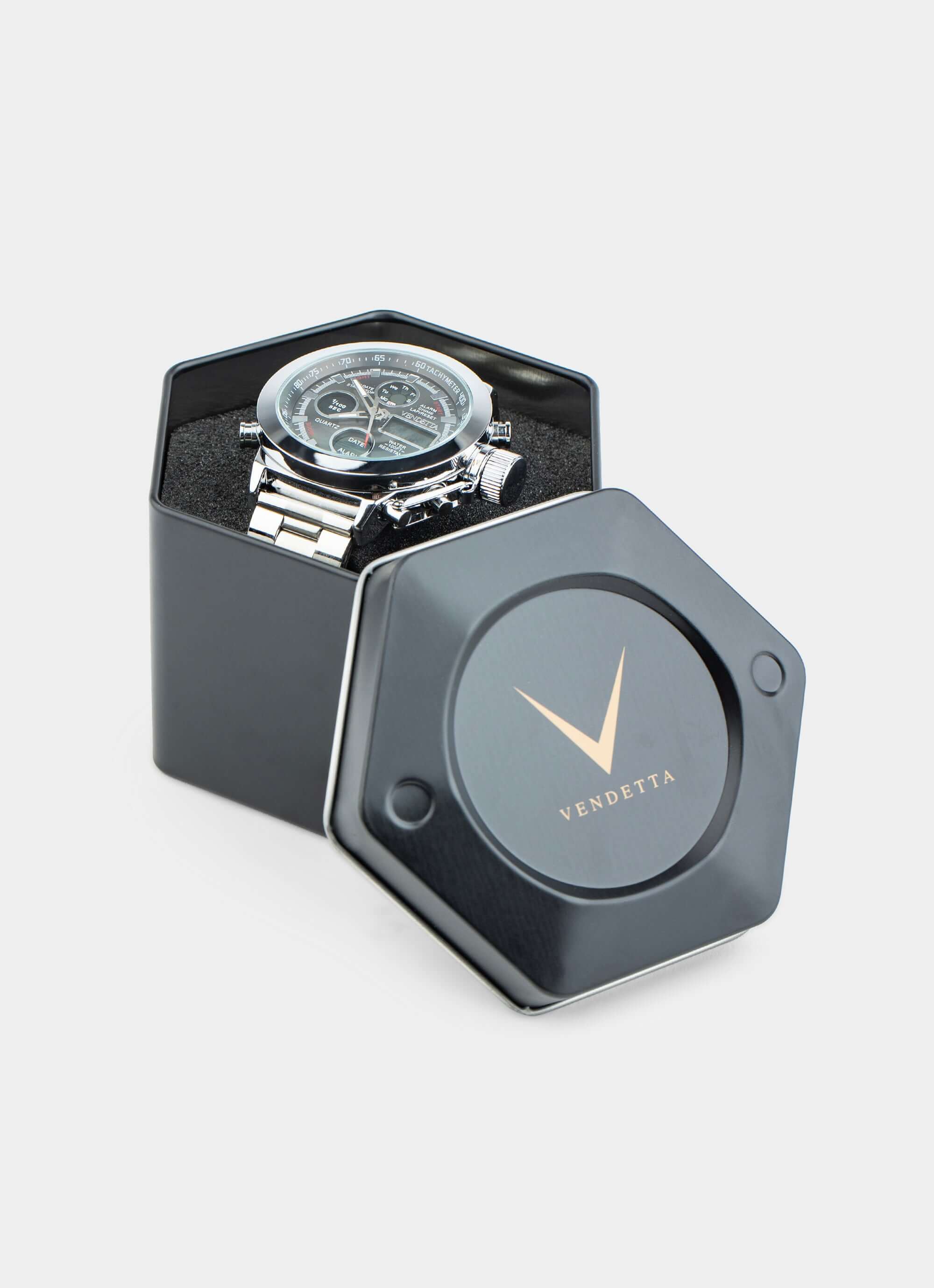 metal watch box with Enforcer Watch - Silver/Black – Vendetta Jewellery