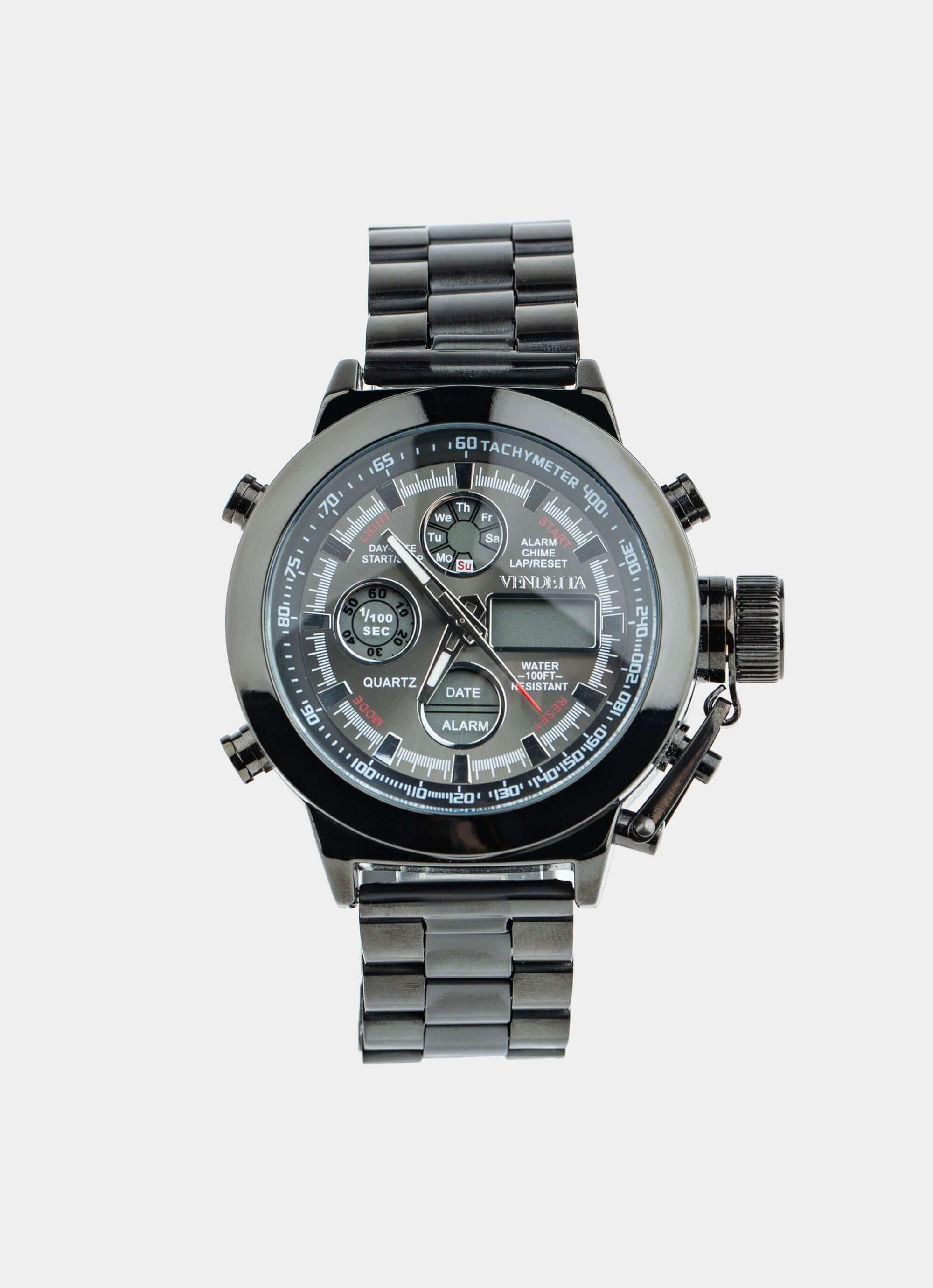 stainless steel watch – black face and band – Vendetta Jewellery