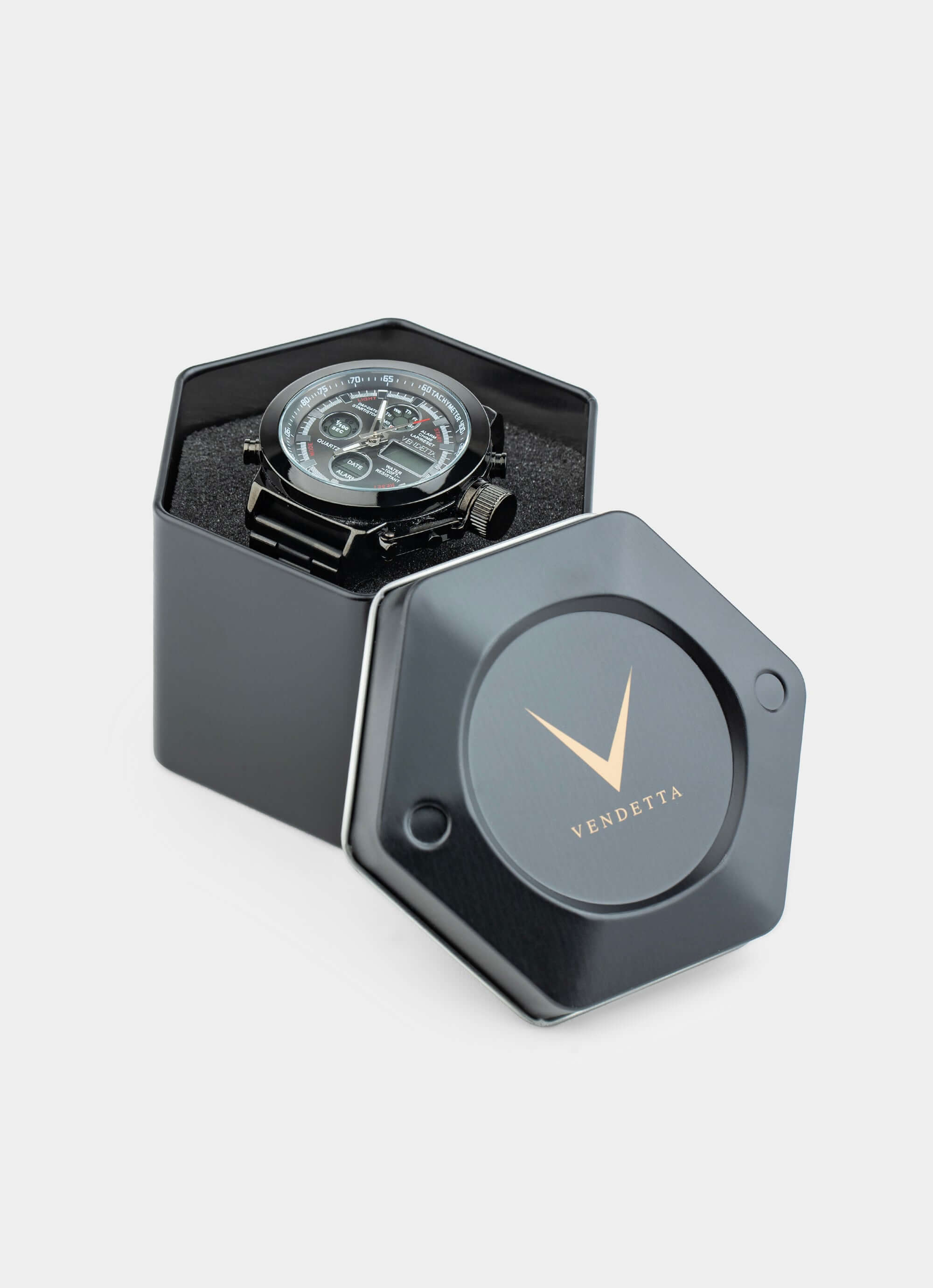 metal watch case - open with Enforcer Watch - Black - Vendetta Jewellery