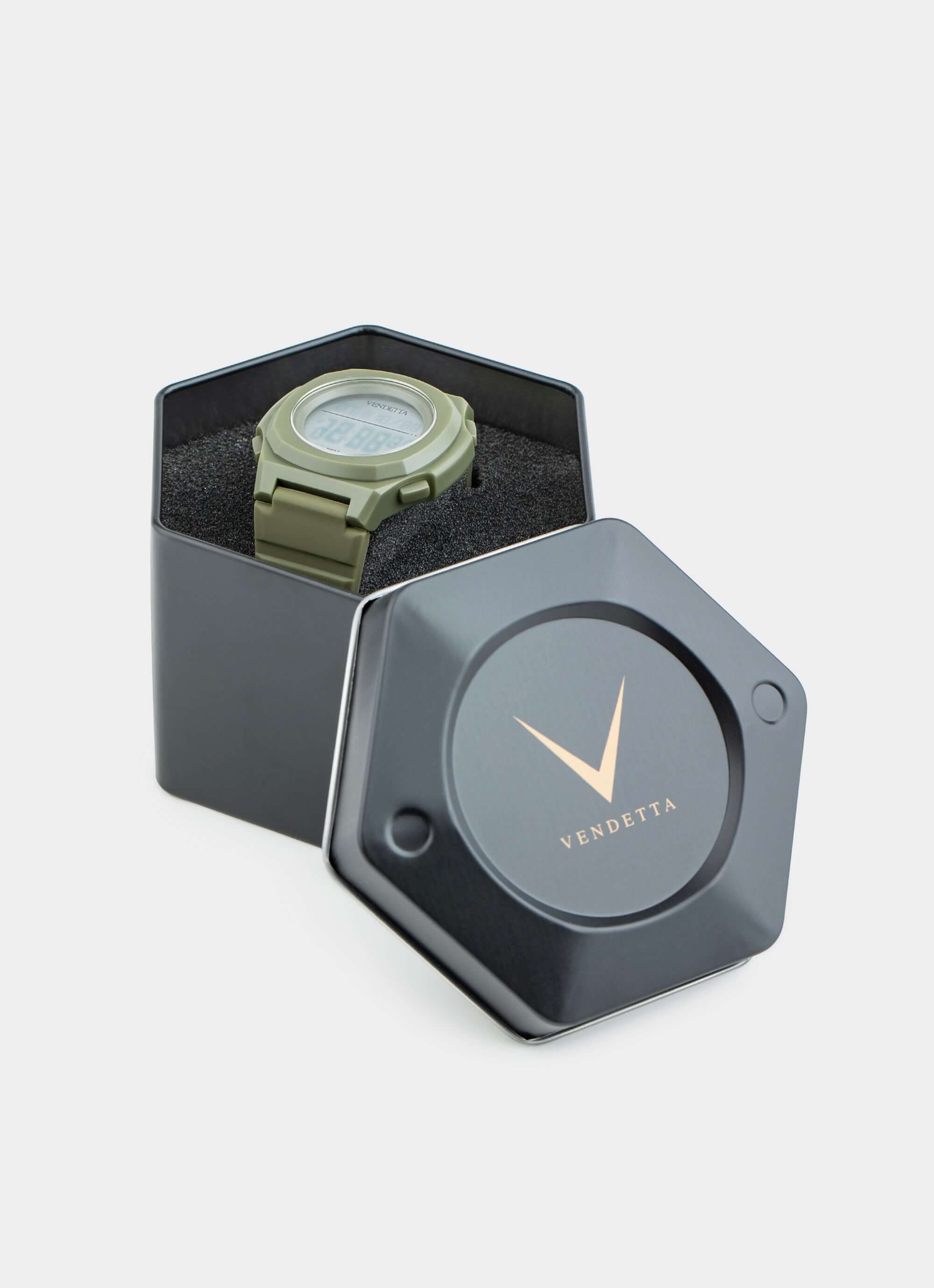 digital watch in hexagonal box – Night Racer Watch - Army Green – Vendetta Jewellery
