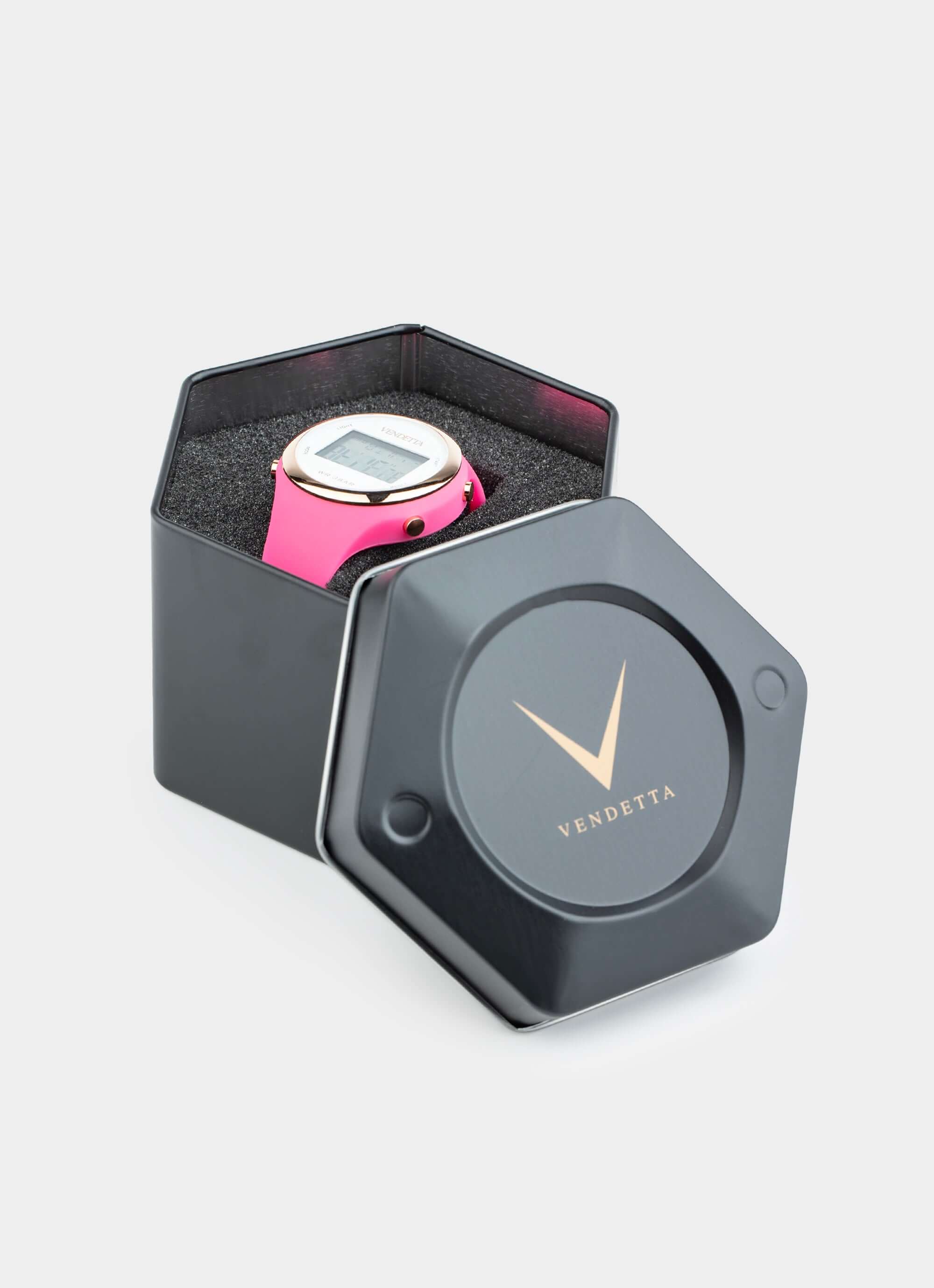 Zinc alloy watch in black hexagonal box – Dreamtime Watch - Fuchsia Pink – Vendetta Jewellery
