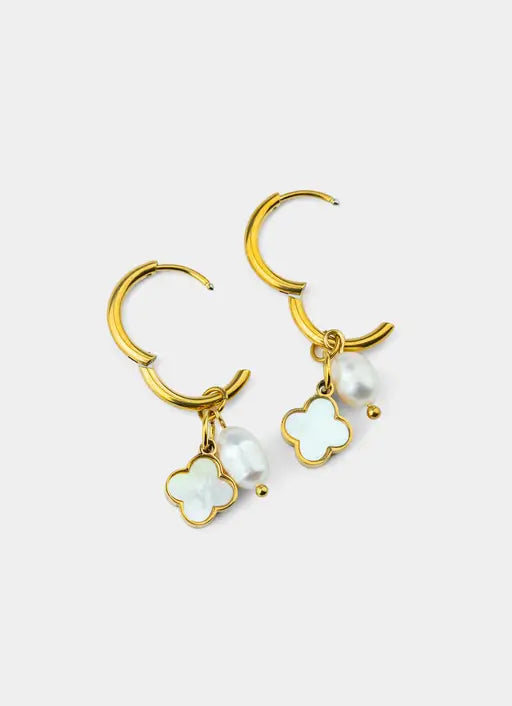 Four Leaf Hoop and Pearl Earrings - 18K Gold Plated