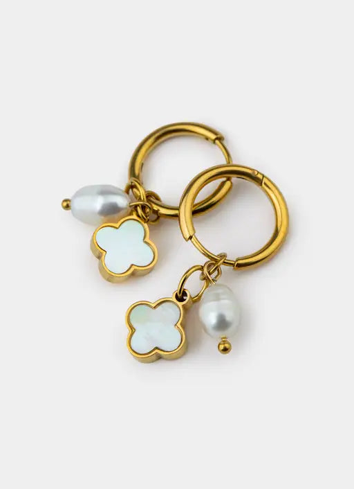 Four Leaf Hoop and Pearl Earrings - 18K Gold Plated