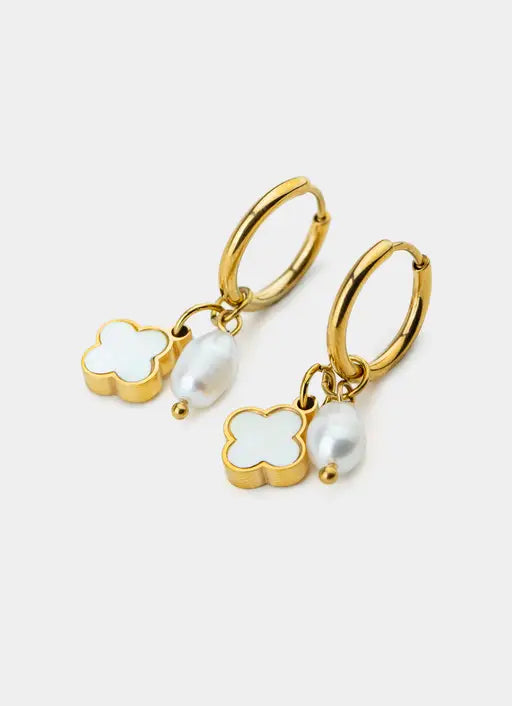 Four Leaf Hoop and Pearl Earrings - 18K Gold Plated