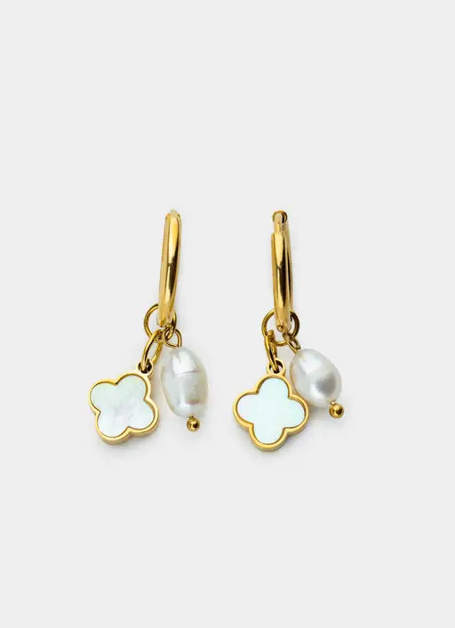 Four Leaf Hoop and Pearl Earrings - 18K Gold Plated