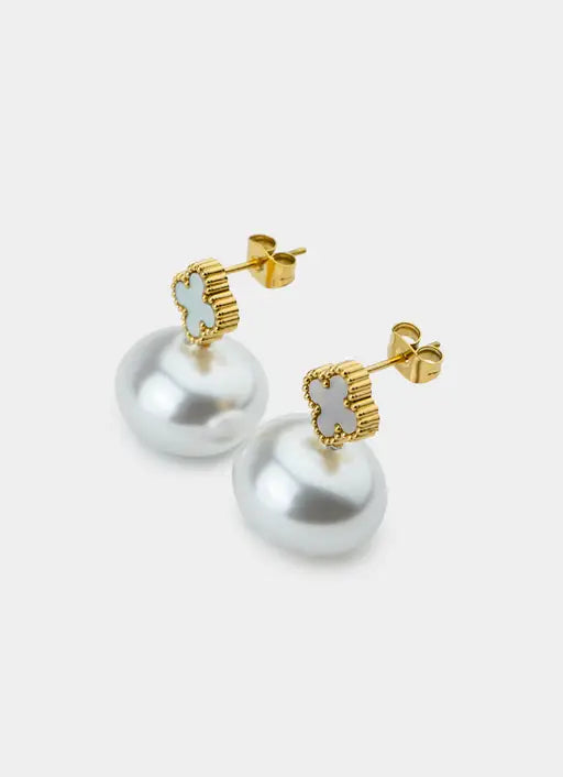 Mini Four Leaf Pearl Earrings - 18K Gold Plated